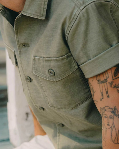 The Short Sleeve Surplus Shirt in Field Olive Reverse Sateen