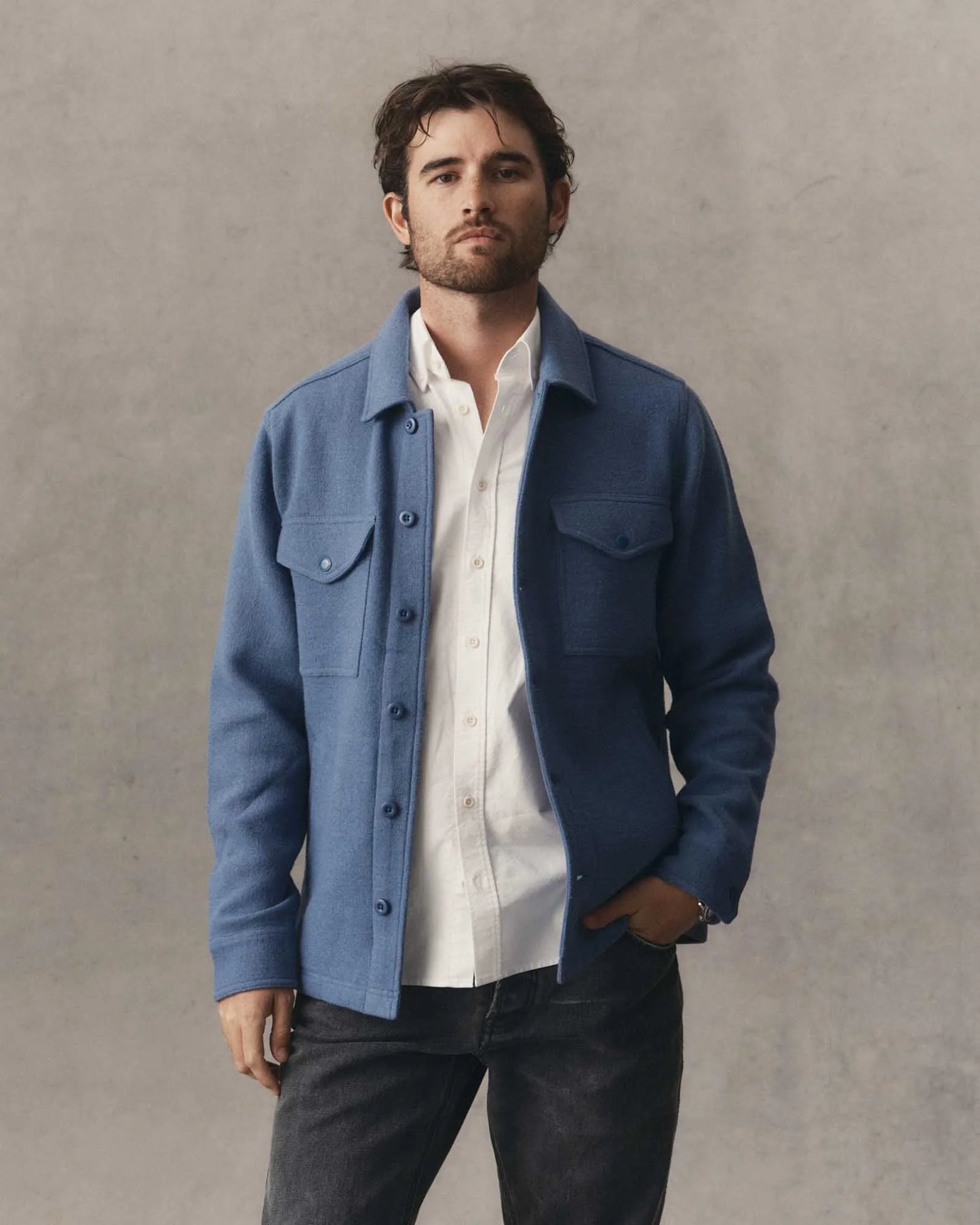 The Kenne Shirt Jacket in Blue Fog Cotton Wool Crepe