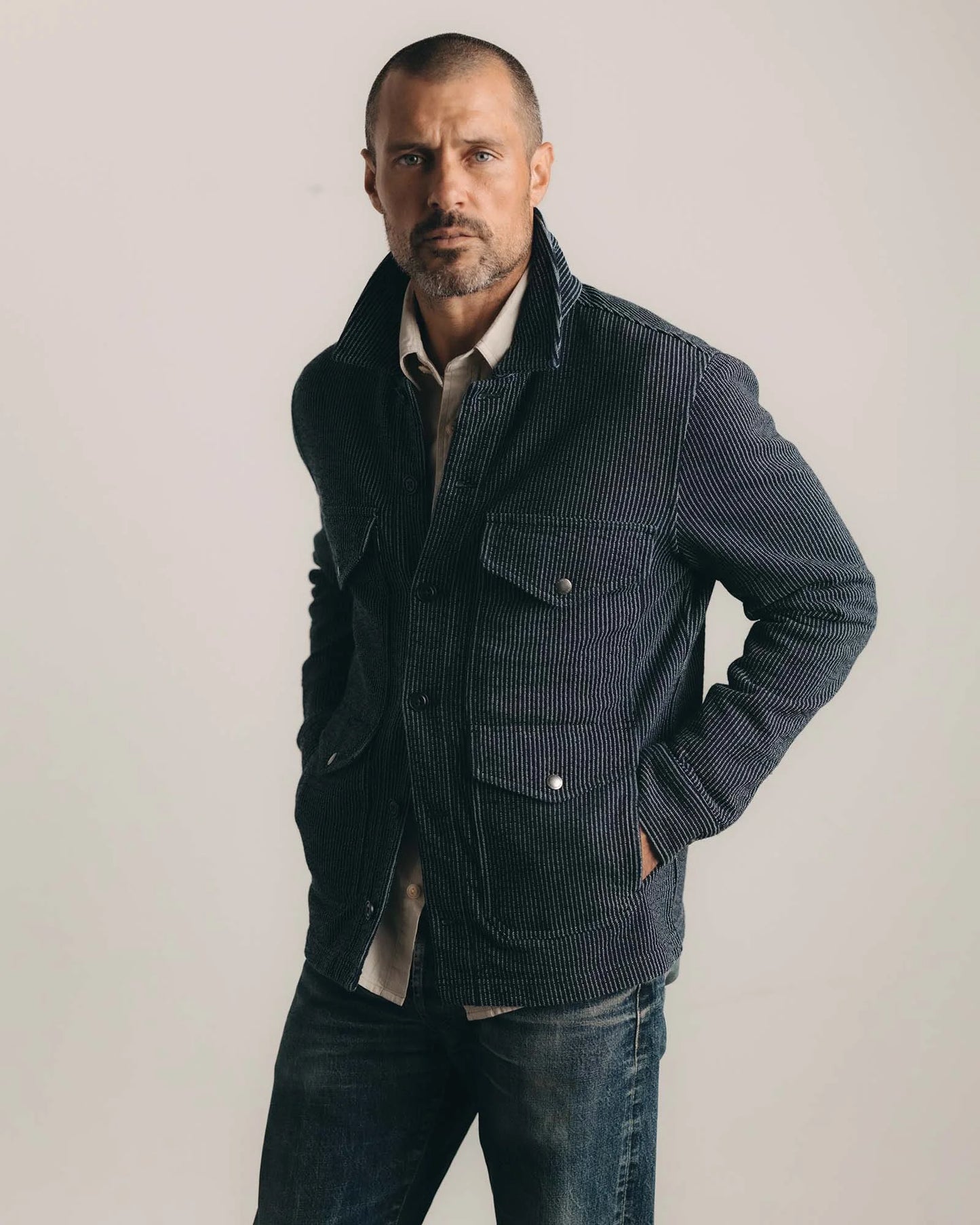 The Jackson Jacket in Rinsed Indigo French Terry Stripe
