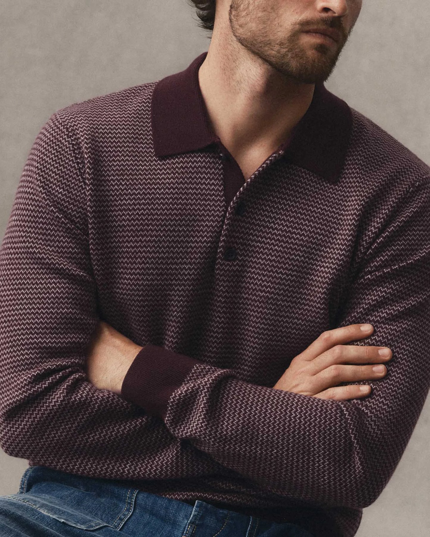 The Newton Sweater Polo in Burgundy Birdseye Merino