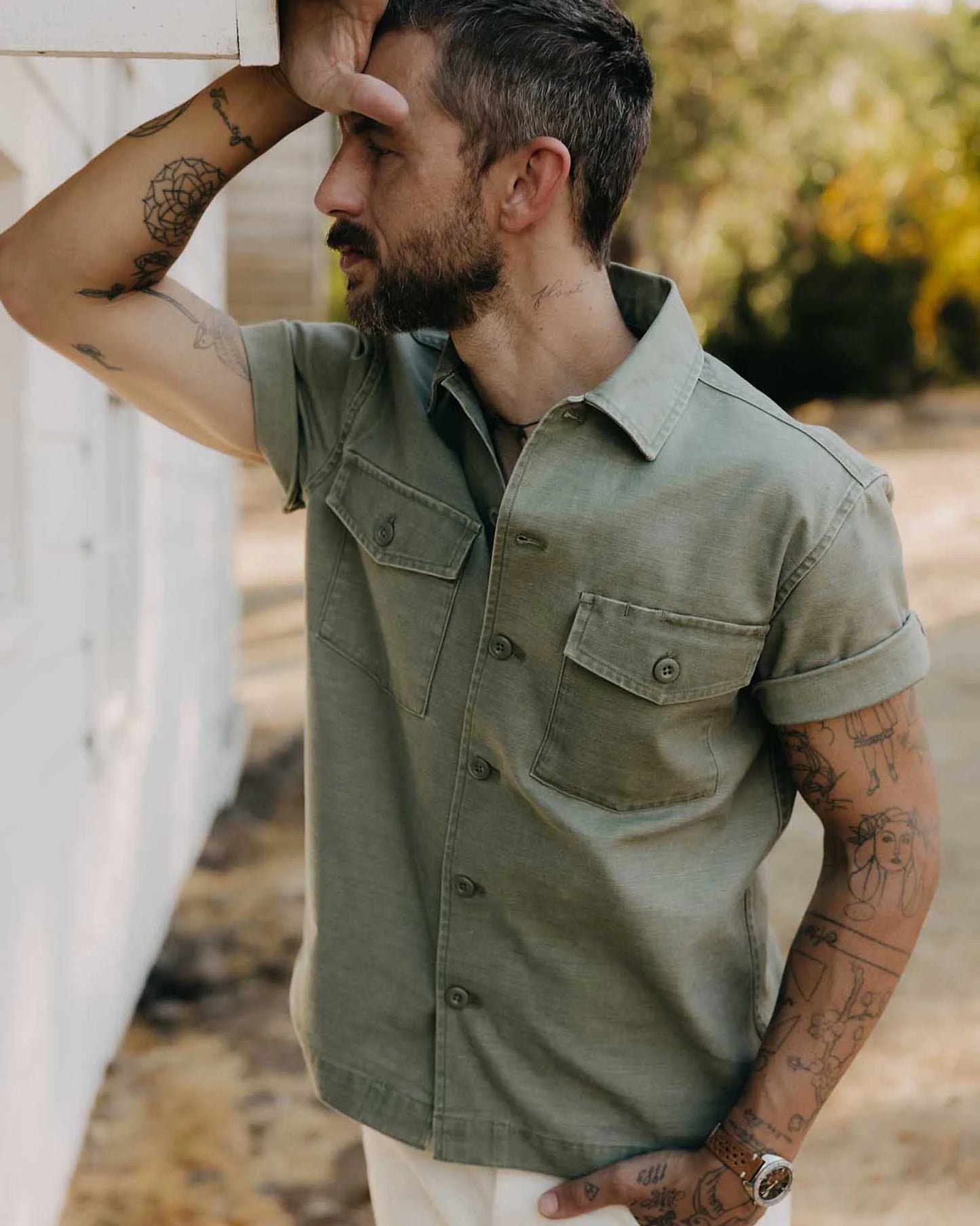 The Short Sleeve Surplus Shirt in Field Olive Reverse Sateen