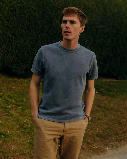 The Organic Cotton Short Sleeve Crew in Washed Blue Waffle