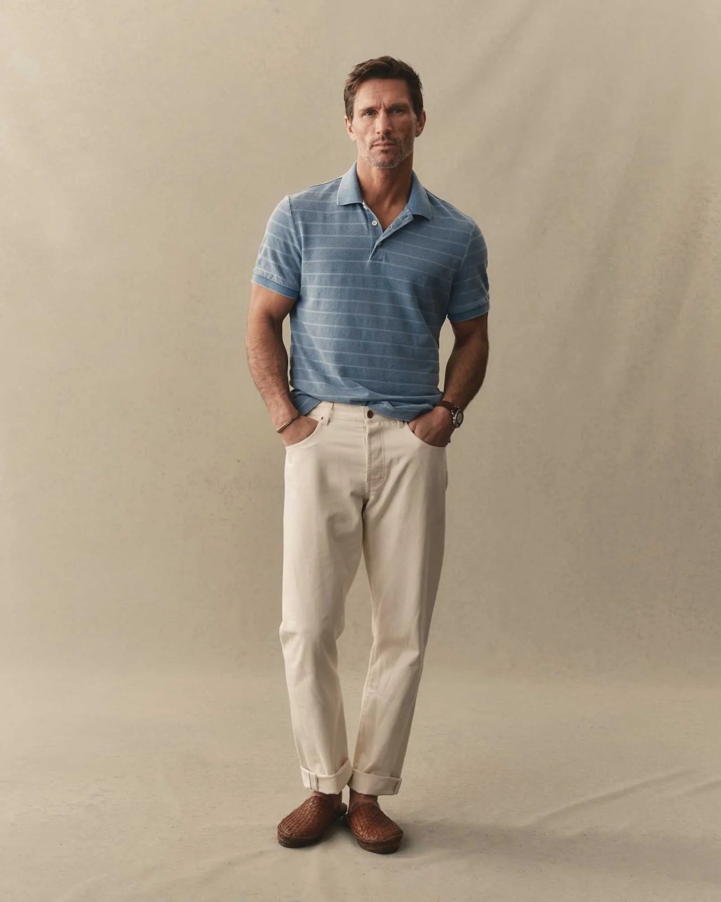 The Pacific Polo in Washed Indigo Pique Stripe
