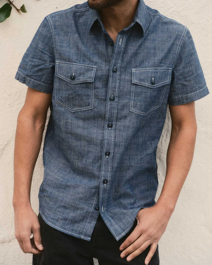 The Short Sleeve Crew Shirt in Washed Indigo Chambray