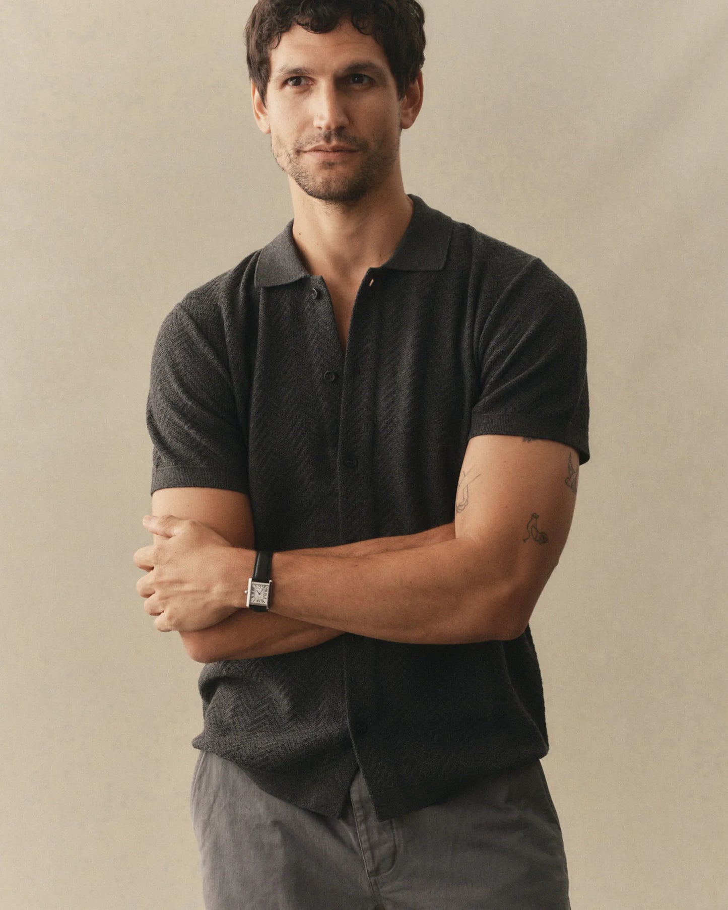 The Button Down Polo in Charcoal Herringbone