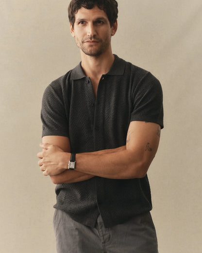 The Button Down Polo in Charcoal Herringbone
