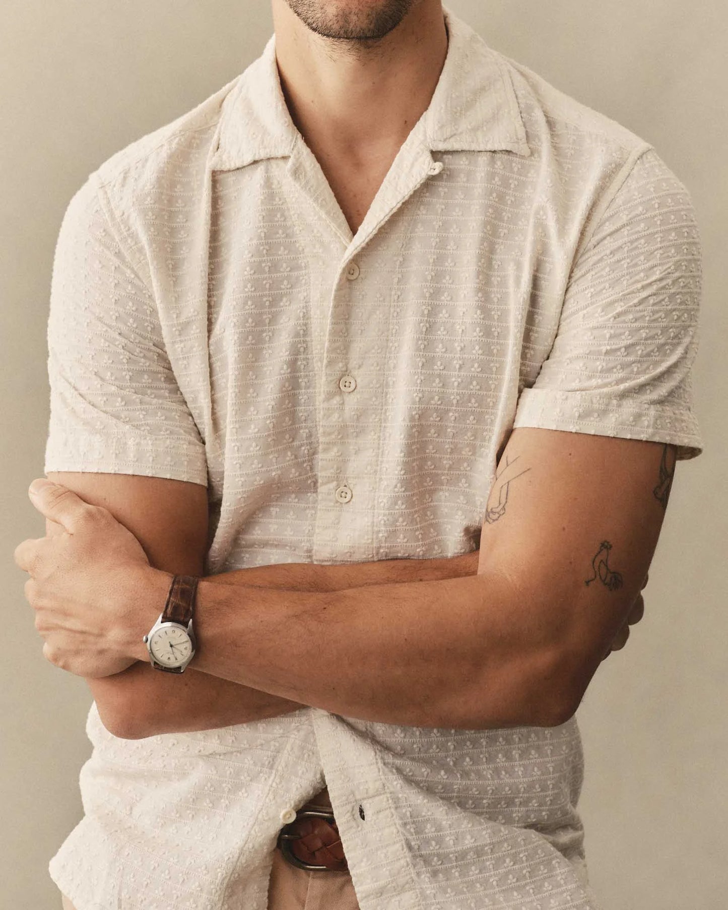 The Davis Shirt in Vintage White Embroidered Stripe