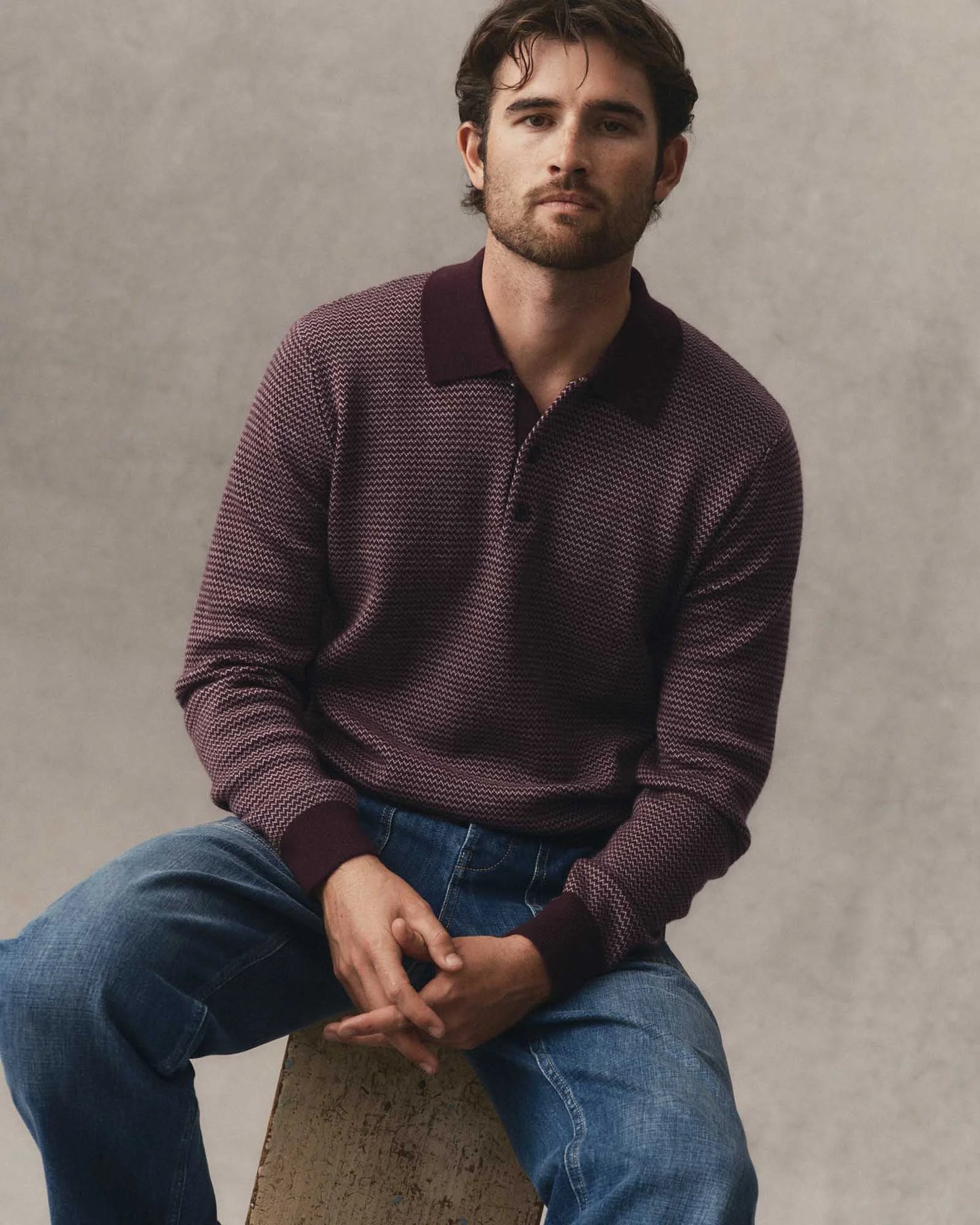 The Newton Sweater Polo in Burgundy Birdseye Merino