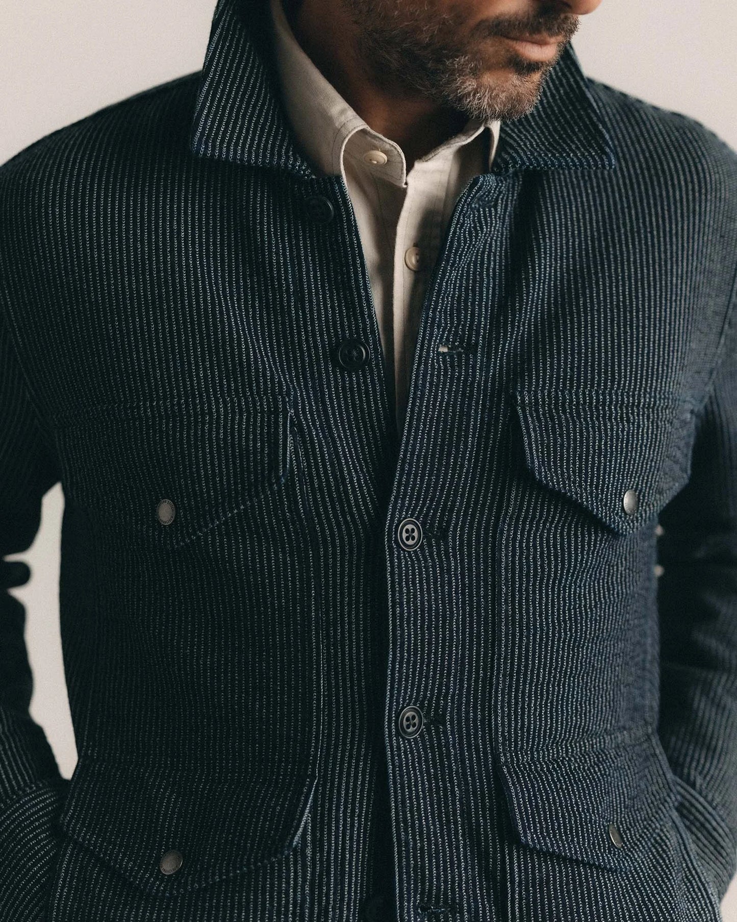 The Jackson Jacket in Rinsed Indigo French Terry Stripe