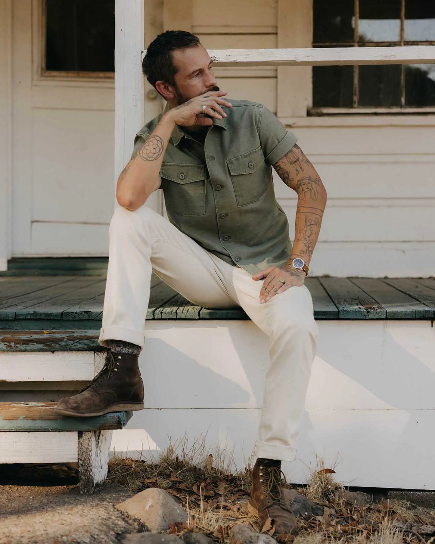 The Short Sleeve Surplus Shirt in Field Olive Reverse Sateen
