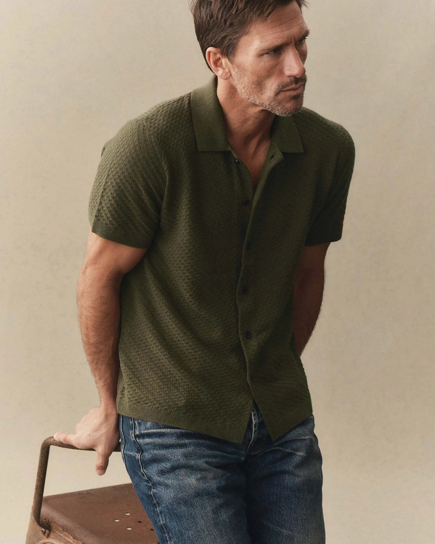 The Arlo Sweater Polo in Cilantro Texture Knit