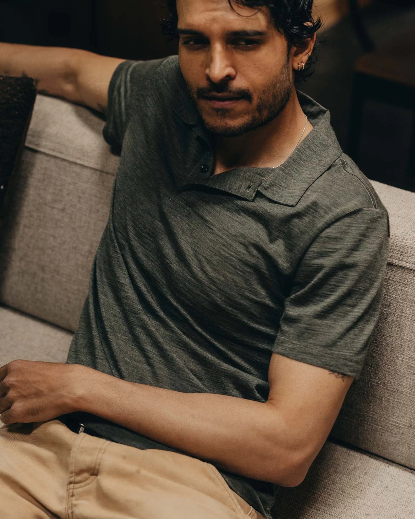 The Merino Polo in Heather Army