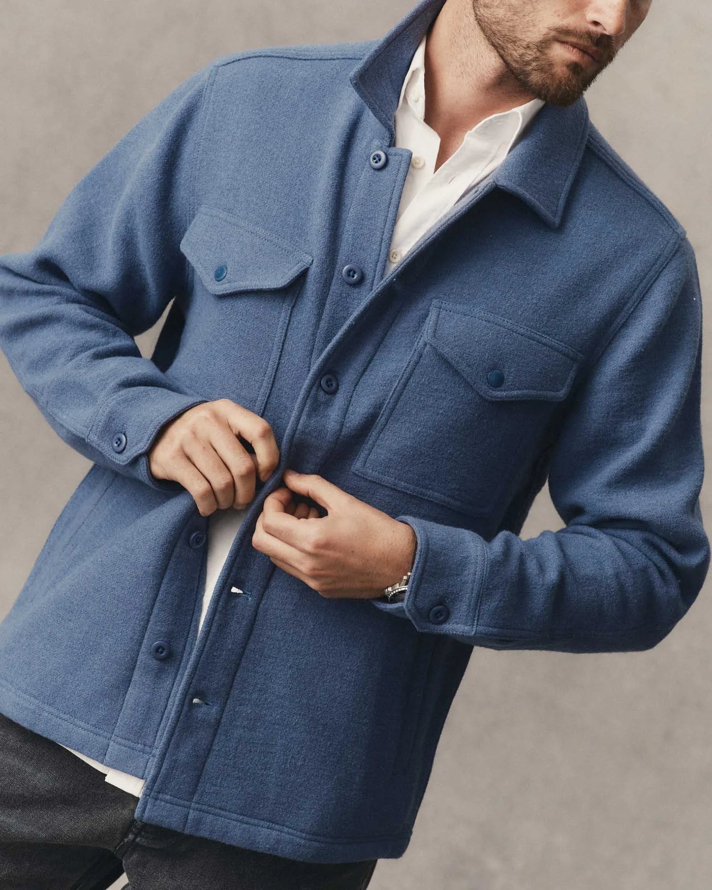 The Kenne Shirt Jacket in Blue Fog Cotton Wool Crepe